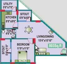 Floor plan of 1 BHK 803 Sq. Ft. Apartment in Mahaveer Cedar, Bangalore
