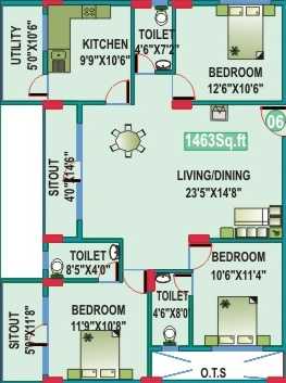 Floor plan of 3 BHK 1463 Sq. Ft. Apartment in Mahaveer Cedar, Bangalore