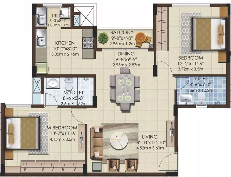 Floor plan of 2 BHK 1171 Sq. Ft. Apartment in Mahaveer Celesse, Bangalore