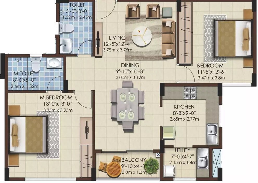 Floor plan of 2 BHK 1205 Sq. Ft. Apartment in Mahaveer Celesse, Bangalore