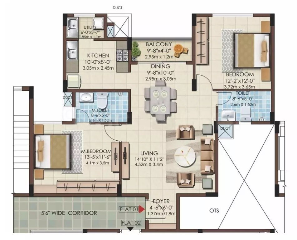 Floor plan of 2 BHK 1217 Sq. Ft. Apartment in Mahaveer Celesse, Bangalore