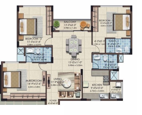 Floor plan of 3 BHK 1365 Sq. Ft. Apartment in Mahaveer Celesse, Bangalore