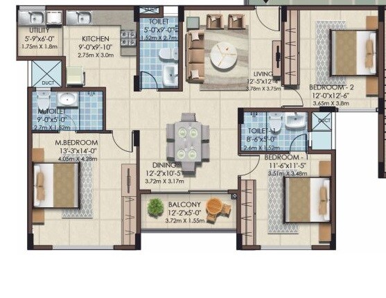 Floor plan of 3 BHK 1599 Sq. Ft. Apartment in Mahaveer Celesse, Bangalore