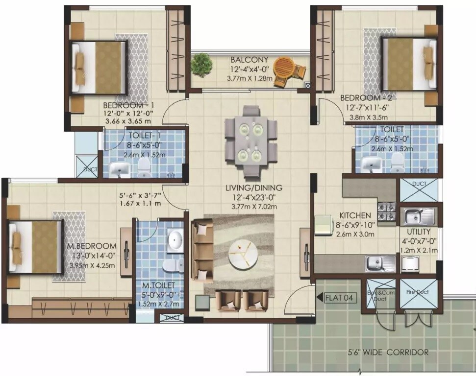 Floor plan of 3 BHK 1857 Sq. Ft. Apartment in Mahaveer Celesse, Bangalore