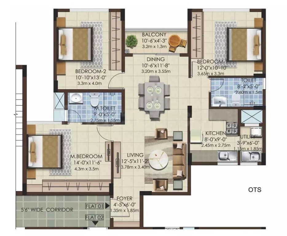 Floor plan of 3 BHK 1854 Sq. Ft. Apartment in Mahaveer Celesse, Bangalore