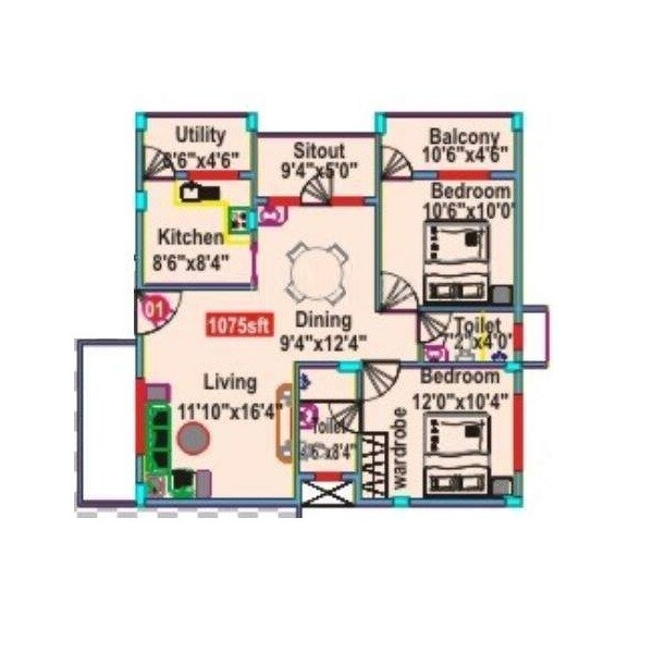 2 BHK 1075 Sq. Ft. Apartment