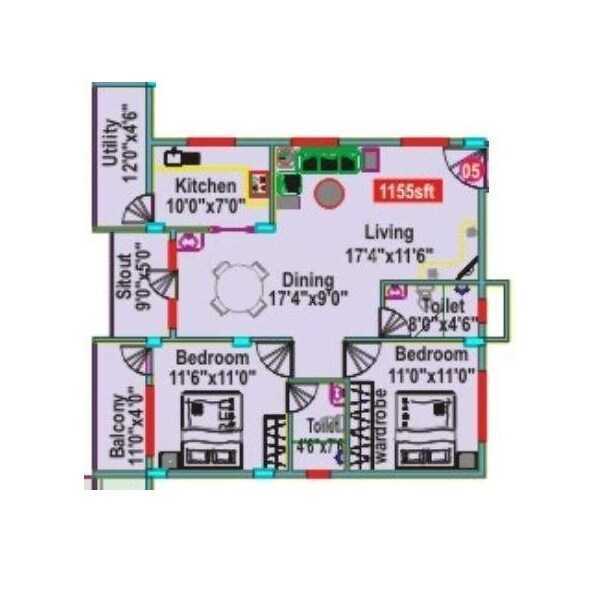 Floor plan of 2 BHK 1155 Sq. Ft. Apartment in Mahaveer Clover, Bangalore