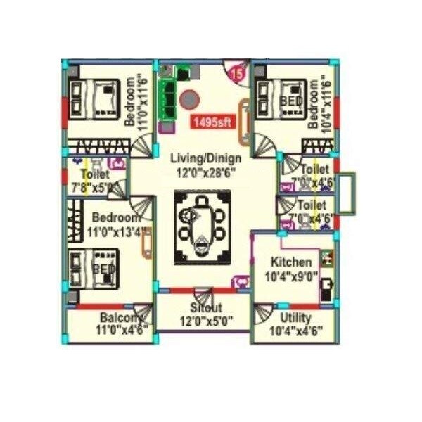 3 BHK 1495 Sq. Ft. Apartment