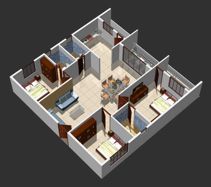 Floor plan of 3 BHK 1260 Sq. Ft. Apartment in Mahaveer Fortune, Bangalore