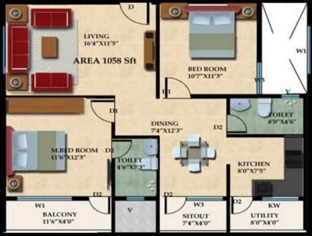 Floor plan of 2 BHK 1058 Sq. Ft. Apartment in Mahaveer Galaxy Apartment, Bangalore