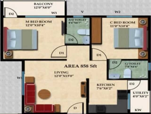 Floor plan of 2 BHK 858 Sq. Ft. Apartment in Mahaveer Galaxy Apartment, Bangalore