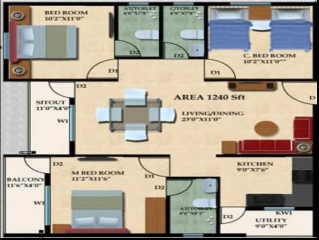 Floor plan of 3 BHK 1240 Sq. Ft. Apartment in Mahaveer Galaxy Apartment, Bangalore