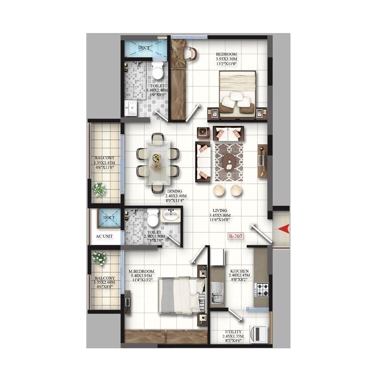 Floor plan of 2 BHK 1174 Sq. Ft. Apartment in Mahaveer Grandis, Bangalore