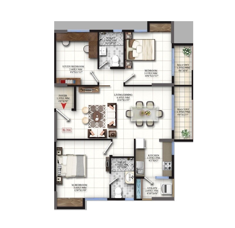 Floor plan of 2 BHK 1400 Sq. Ft. Apartment in Mahaveer Grandis, Bangalore