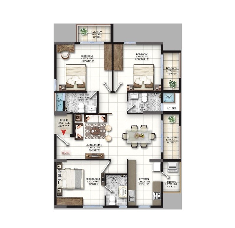 Floor plan of 3 BHK 1558 Sq. Ft. Apartment in Mahaveer Grandis, Bangalore
