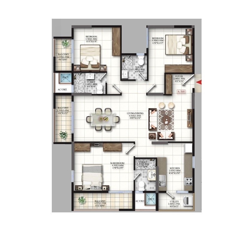 Floor plan of 3 BHK 1761 Sq. Ft. Apartment in Mahaveer Grandis, Bangalore