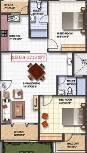Floor plan of 2 BHK 1213 Sq. Ft. Apartment in Mahaveer Jonquil, Bangalore