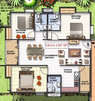 Floor plan of 3 BHK 1387 Sq. Ft. Apartment in Mahaveer Jonquil, Bangalore