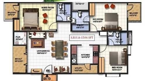 Floor plan of 3 BHK 1506 Sq. Ft. Apartment in Mahaveer Jonquil, Bangalore