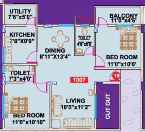 Floor plan of 2 BHK 1007 Sq. Ft. Apartment in Mahaveer Lakes, Bangalore
