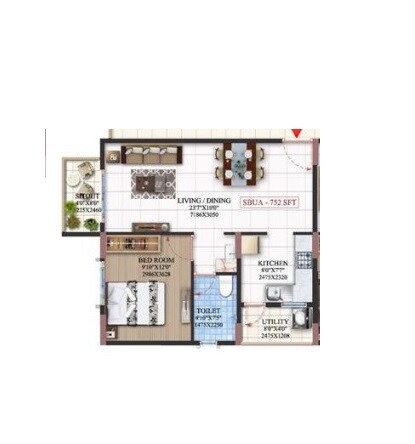 Floor plan of 1 BHK 752 Sq. Ft. Apartment in Mahaveer Northscape, Bangalore