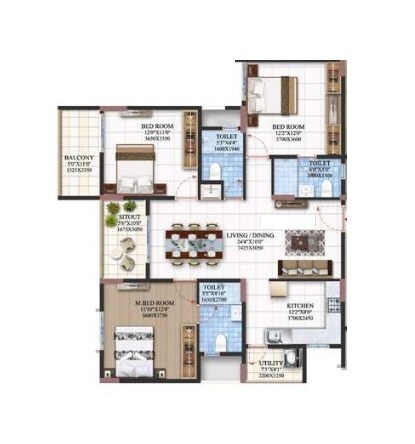 Floor plan of 3 BHK 1384 Sq. Ft. Apartment in Mahaveer Northscape, Bangalore