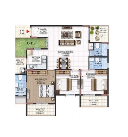 Floor plan of 3 BHK 1533 Sq. Ft. Apartment in Mahaveer Northscape, Bangalore