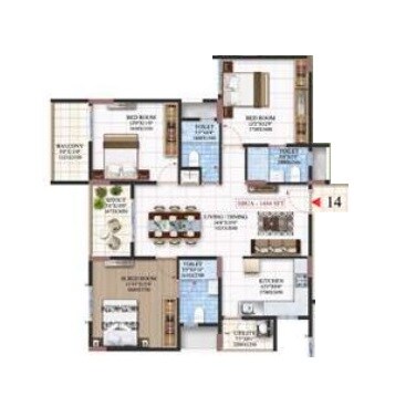 Floor plan of 3 BHK 896 Sq. Ft. Apartment in Mahaveer Northscape, Bangalore