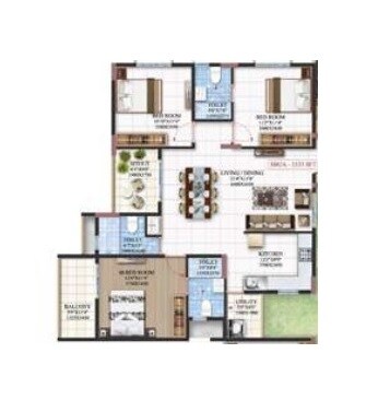 Floor plan of 3 BHK 991 Sq. Ft. Apartment in Mahaveer Northscape, Bangalore