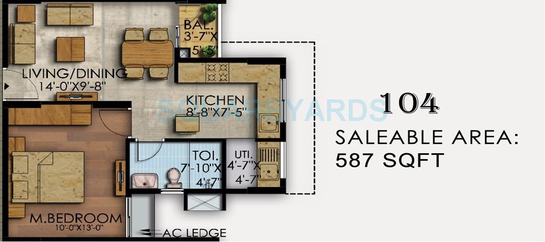 Floor plan of 1 BHK 587 Sq. Ft. Apartment in Mahaveer Ranches, Bangalore