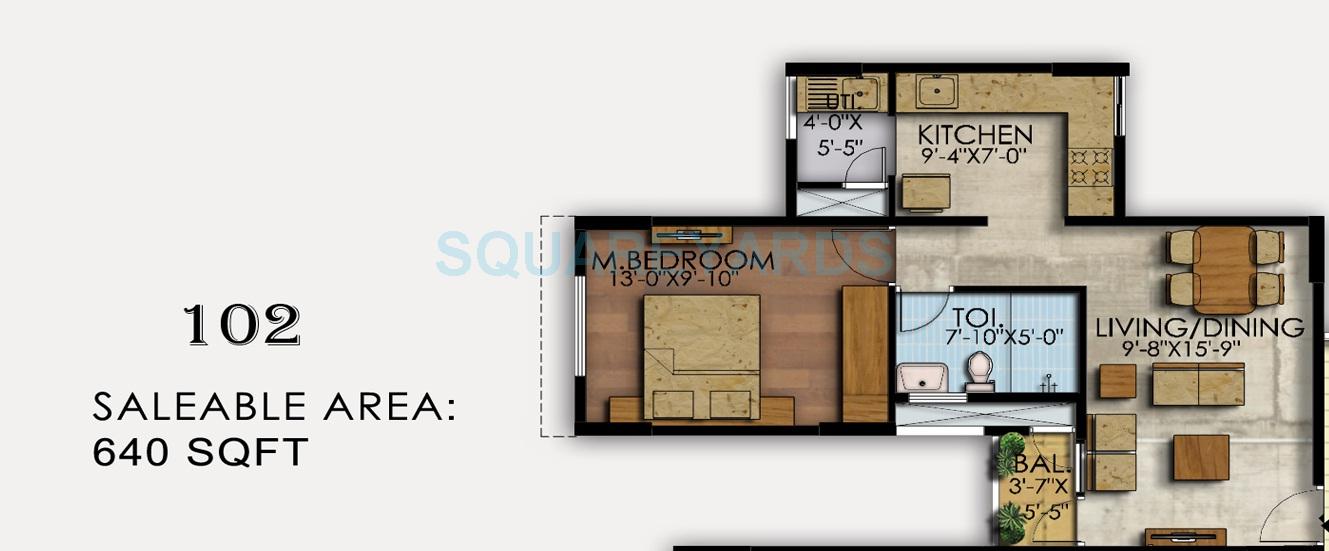 Floor plan of 1 BHK 640 Sq. Ft. Apartment in Mahaveer Ranches, Bangalore