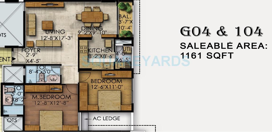 Floor plan of 2 BHK 1161 Sq. Ft. Apartment in Mahaveer Ranches, Bangalore