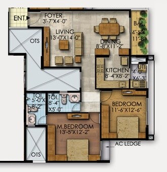 Floor plan of 2 BHK 1201 Sq. Ft. Apartment in Mahaveer Ranches, Bangalore