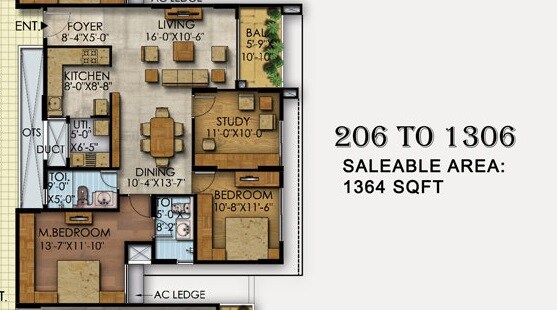 Floor plan of 2 BHK 1364 Sq. Ft. Apartment in Mahaveer Ranches, Bangalore