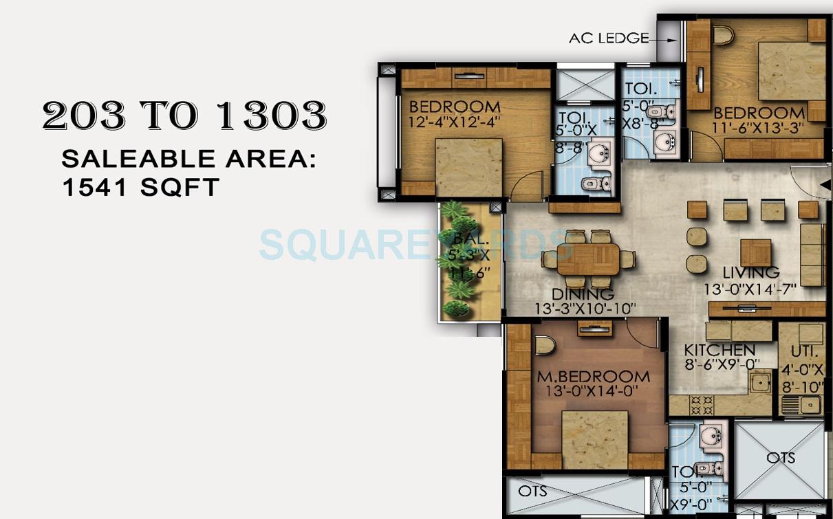 Floor plan of 3 BHK 1541 Sq. Ft. Apartment in Mahaveer Ranches, Bangalore