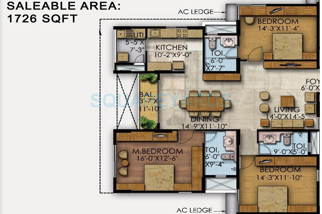 Floor plan of 3 BHK 1726 Sq. Ft. Apartment in Mahaveer Ranches, Bangalore