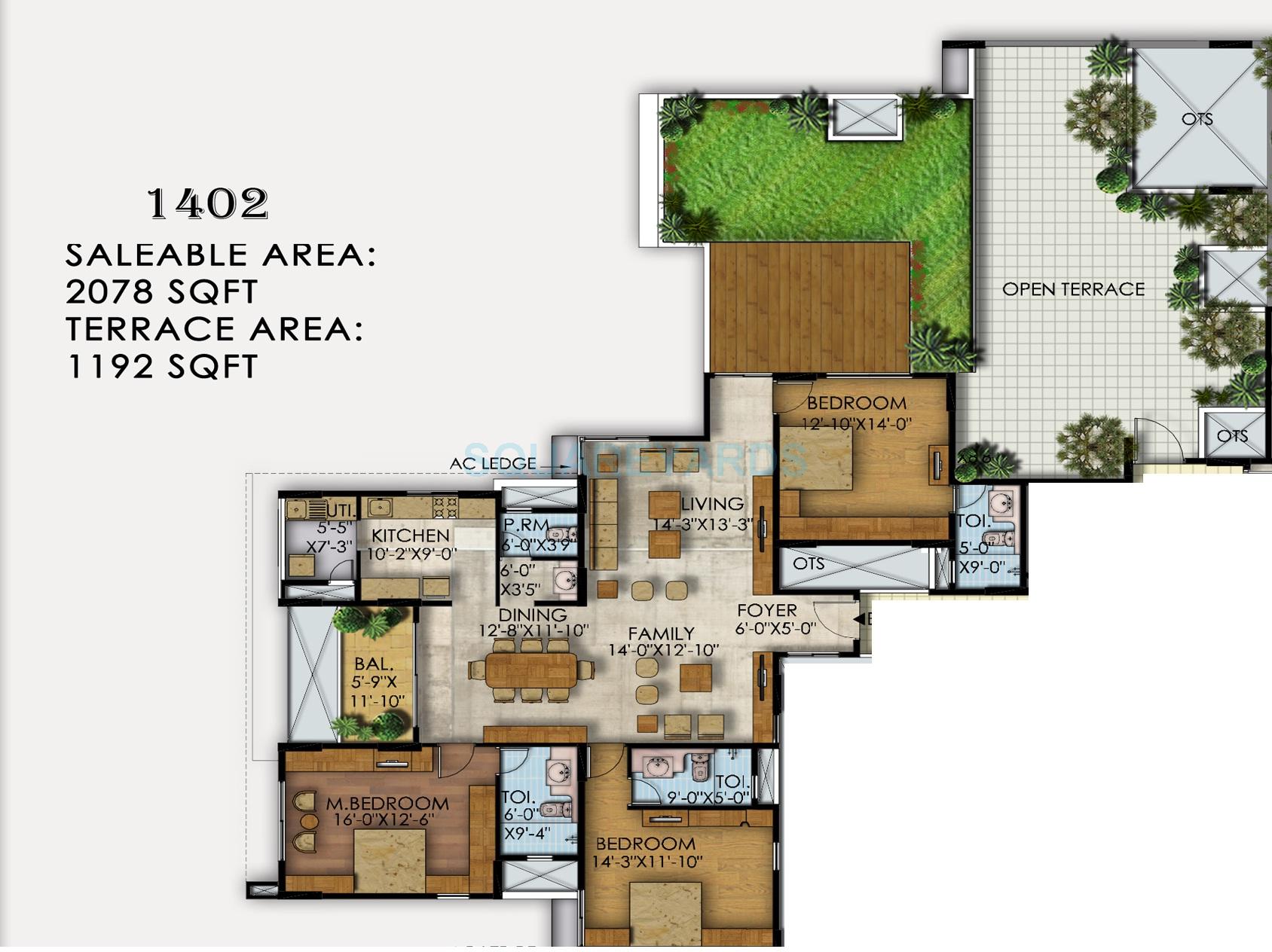 Floor plan of 3 BHK 2078 Sq. Ft. Apartment in Mahaveer Ranches, Bangalore