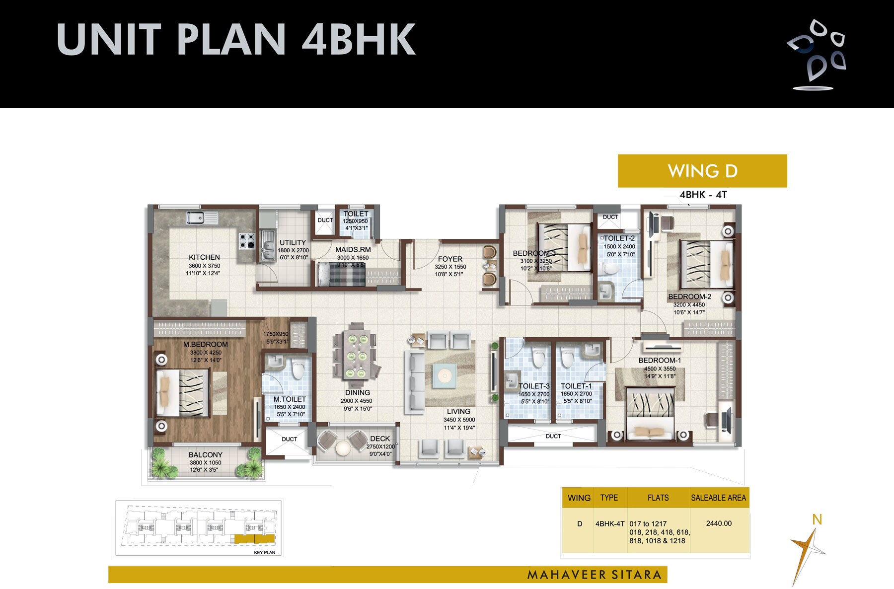 Floor plan of 4 BHK 1575 Sq. Ft. Apartment in Mahaveer Sitara, Bangalore