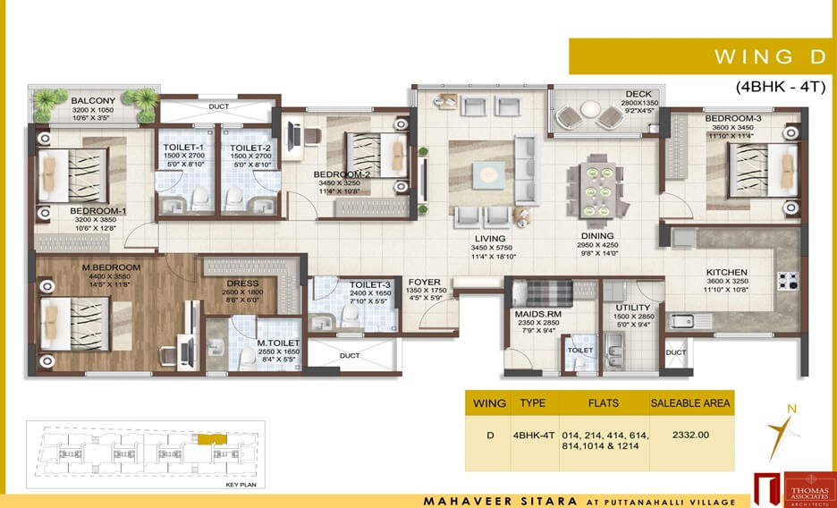 Floor plan of 4 BHK 1517 Sq. Ft. Apartment in Mahaveer Sitara, Bangalore