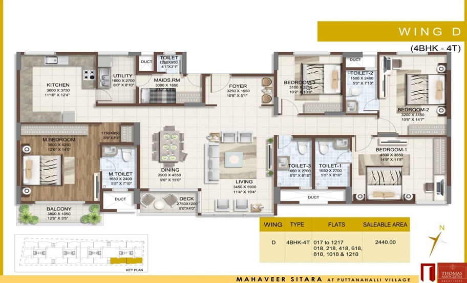 Floor plan of 4 BHK 1575 Sq. Ft. Apartment in Mahaveer Sitara, Bangalore