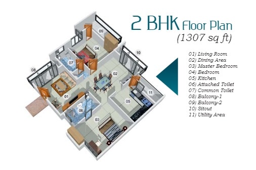 Floor plan of 2 BHK 1307 Sq. Ft. Apartment in Mahaveer Tranquil Whitefield, Bangalore