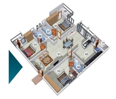 Floor plan of 3 BHK 1601 Sq. Ft. Apartment in Mahaveer Tranquil Whitefield, Bangalore