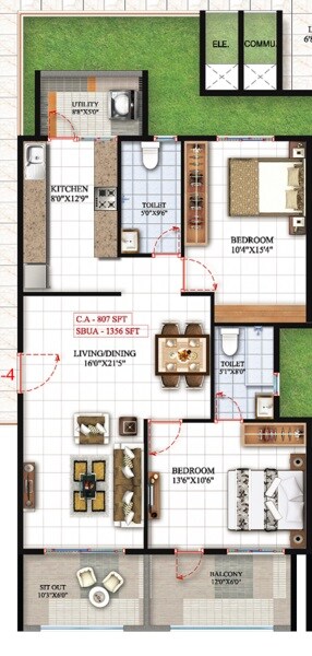 Floor plan of 2 BHK 1356 Sq. Ft. Apartment in Mahaveer Trident, Bangalore