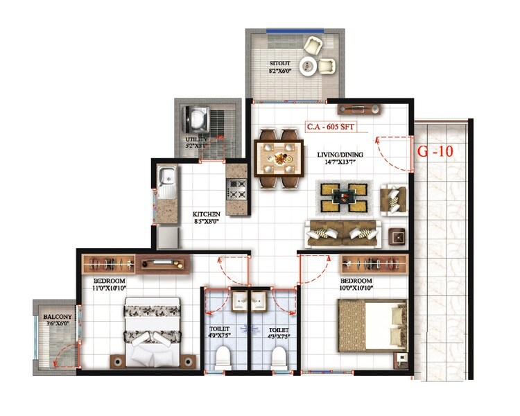 Floor plan of 2 BHK 875 Sq. Ft. Apartment in Mahaveer Trident, Bangalore