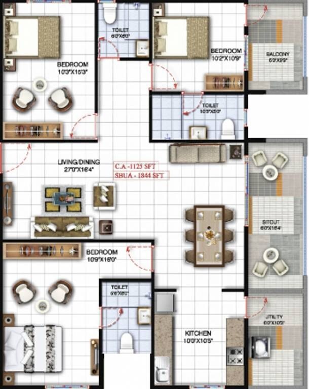 Floor plan of 3 BHK 1844 Sq. Ft. Apartment in Mahaveer Trident, Bangalore