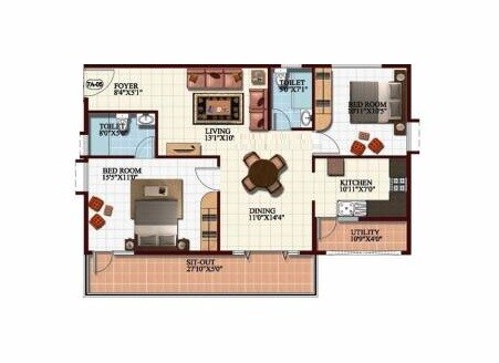 Floor plan of 2 BHK 1075 Sq. Ft. Apartment in Mahaveer Willet Whitefield, Bangalore
