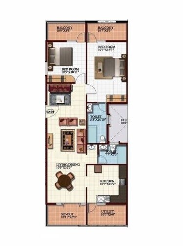 Floor plan of 2 BHK 1274 Sq. Ft. Apartment in Mahaveer Willet Whitefield, Bangalore