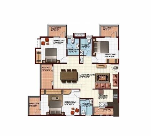 Floor plan of 3 BHK 1432 Sq. Ft. Apartment in Mahaveer Willet Whitefield, Bangalore