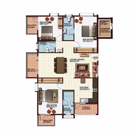 Floor plan of 3 BHK 1460 Sq. Ft. Apartment in Mahaveer Willet Whitefield, Bangalore
