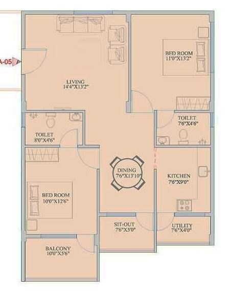 Floor plan of 2 BHK 1263 Sq. Ft. Apartment in Mahaveer Zephyr, Bangalore
